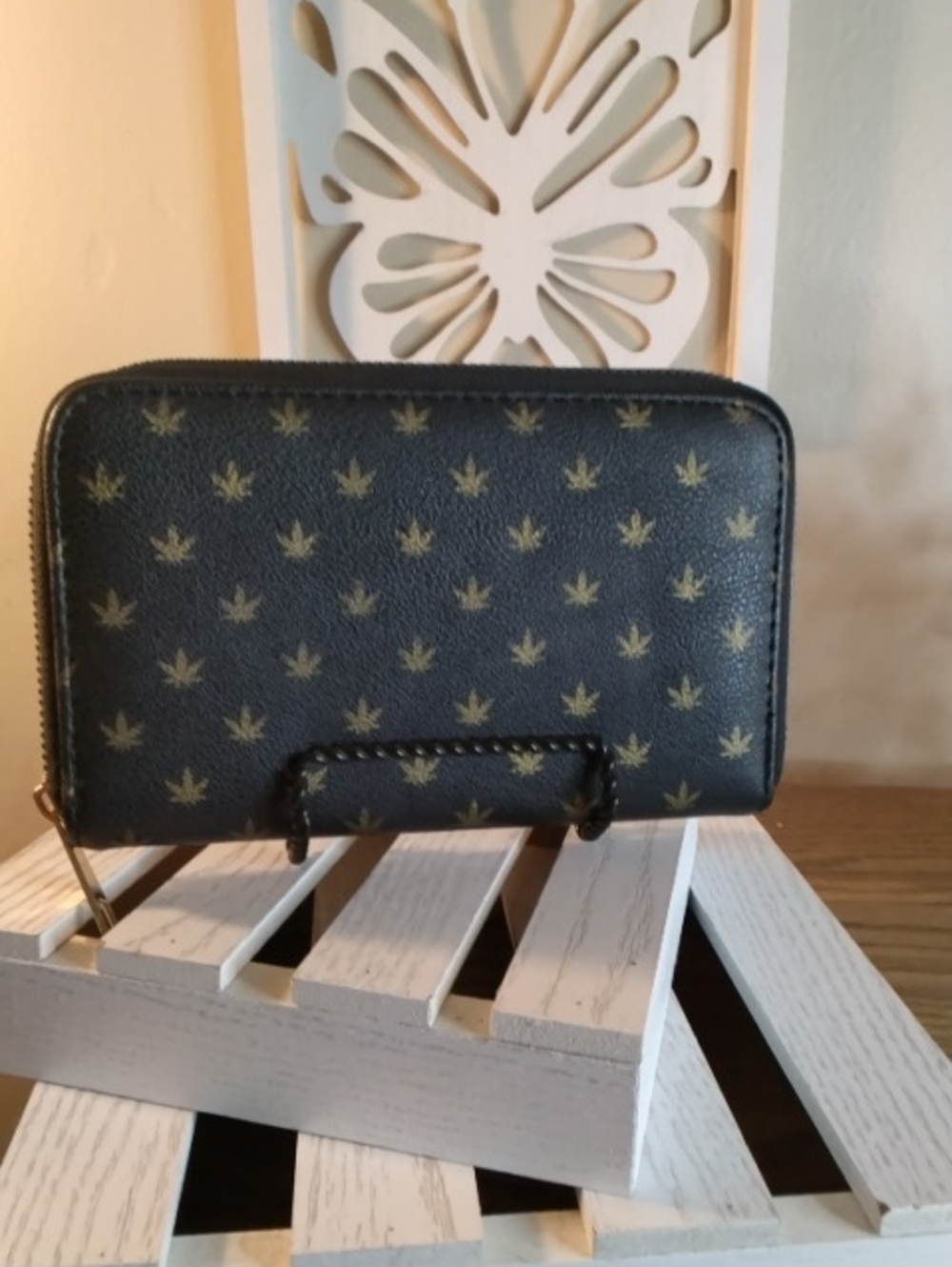Black Zip Around Wallet with Gold Leaf Print